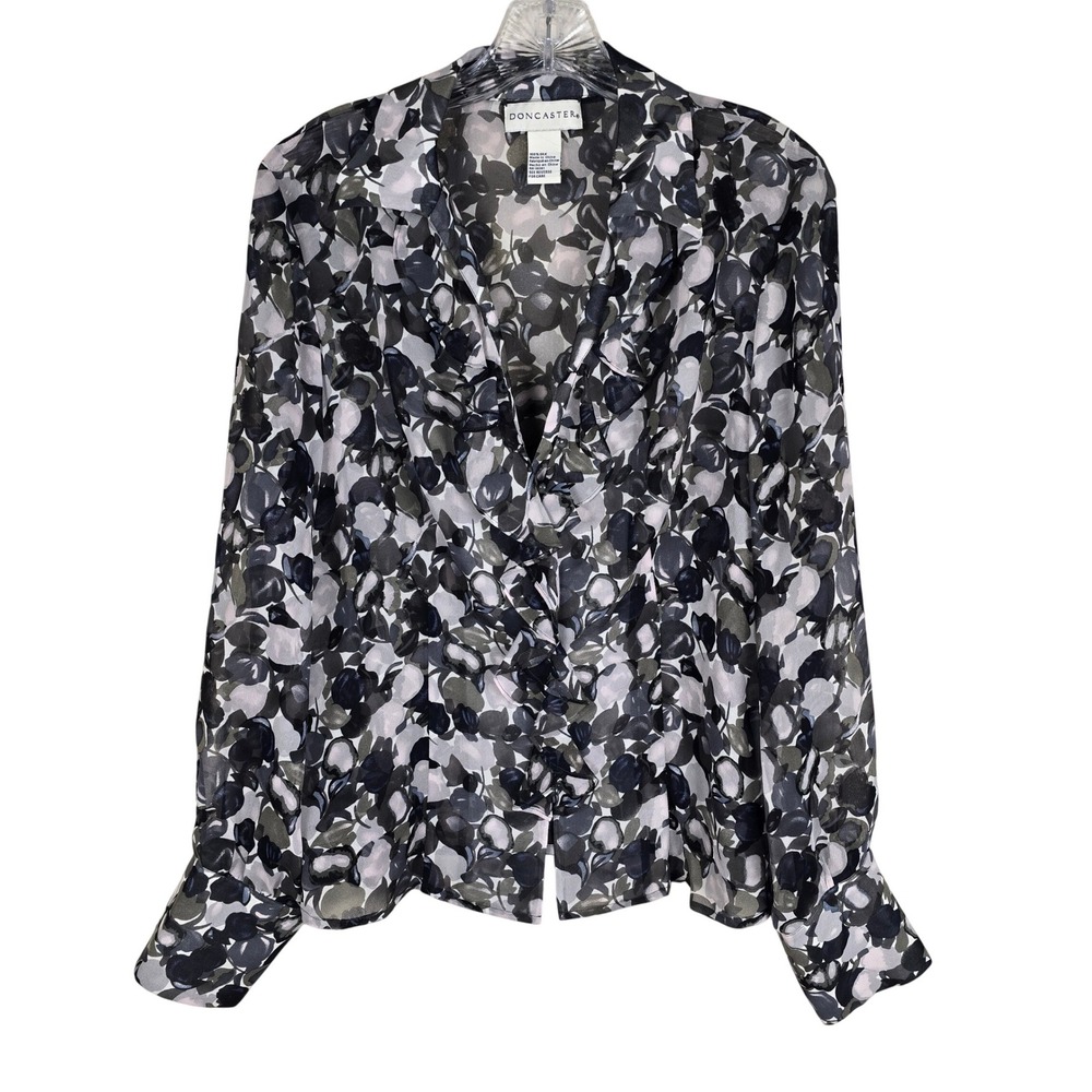 Doncaster Silk Ruffle Top Abstract Floral Watercolor Long Sleeve Button‎ Down 12